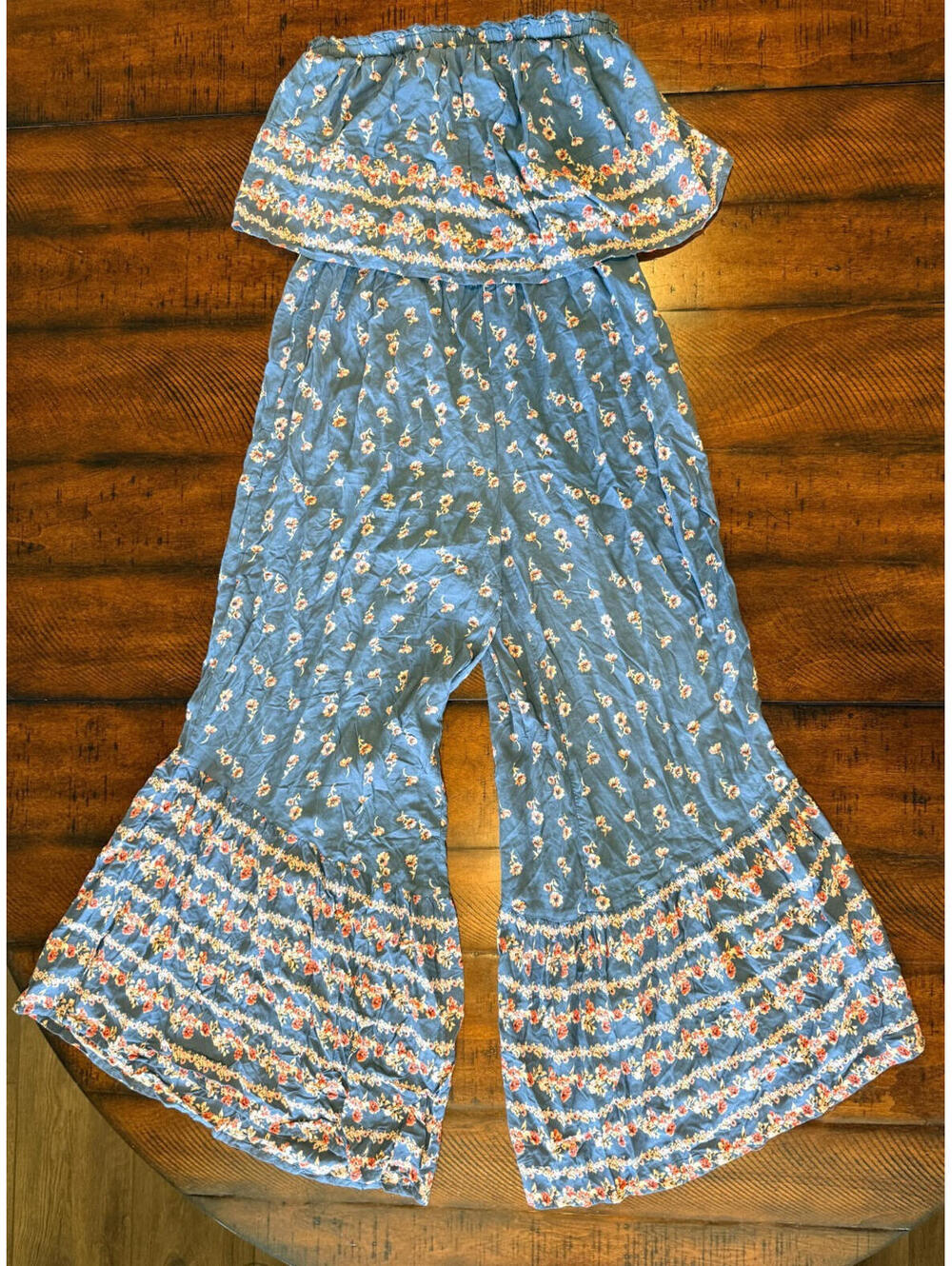 Japna Blue Floral Wide Leg Strapless Jumpsuit - Size Small